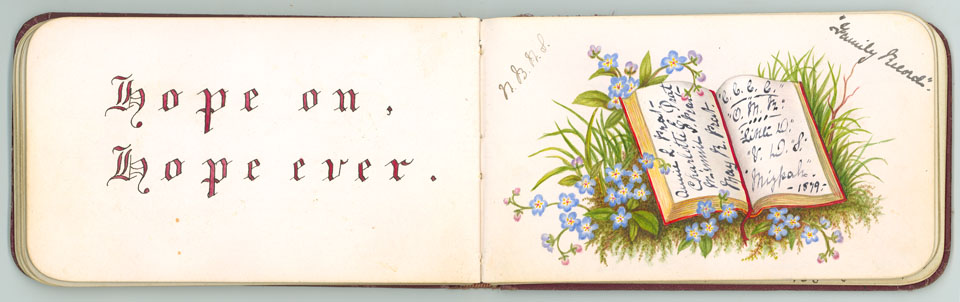 Entries from Annie L. Prat's autograph book, illustrated with her watercolours and sketches