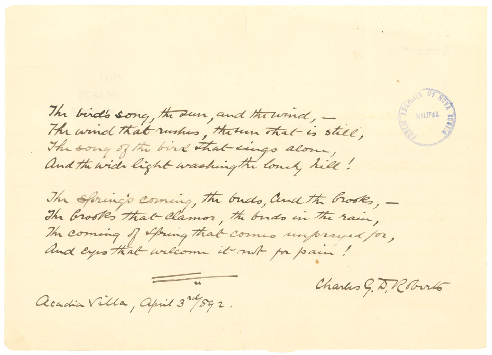 Untitled poem by Charles G.D. Roberts, written at 'Acadia Villa' after the death there of his brother Goodridge in February 1892