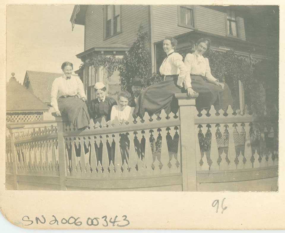 The four Prat sisters, with their mother, Elizabeth, and Charlotte's husband, George Wilcox, in front of the Wilcox's home, 'Ferry Hill,' Windsor