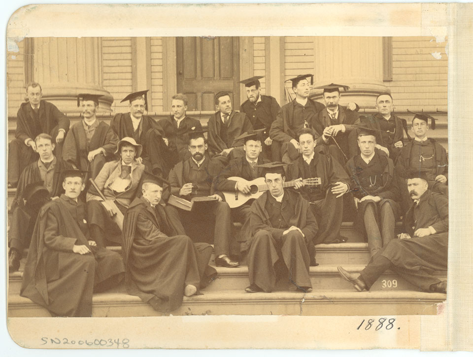 Group of King's College students, Windsor, many in cap and gown, with Goodridge Roberts fourth from left, back row