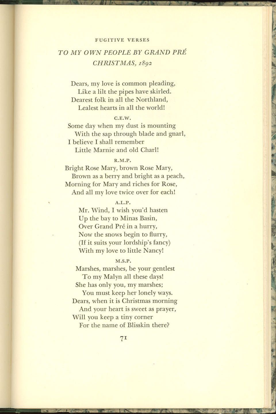 prat : To My Own People By Grand Pré, Christmas, 1892 : poem by Bliss Carman about the Prat family (print version)
