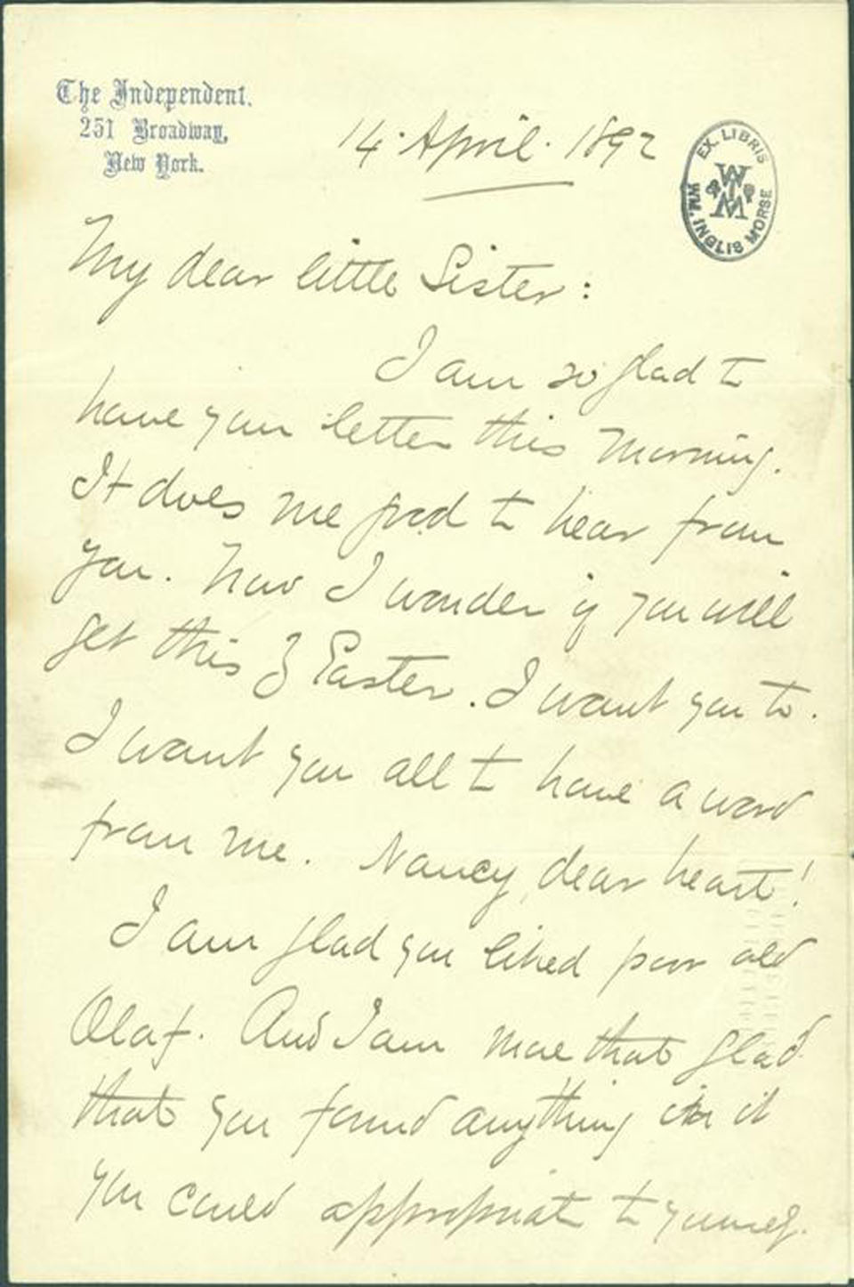Letter from Bliss Carman to Annie L. Prat, concerning the role of poetry in expressing universal grief and sorrow, and the deaths of Samuel Prat and Goodridge Bliss Roberts