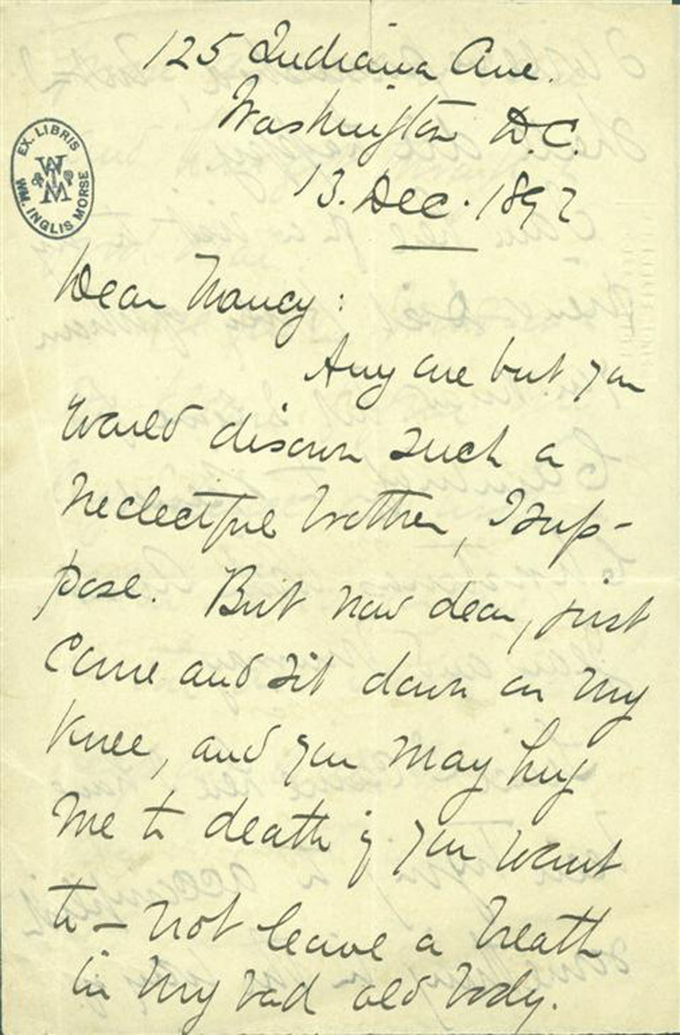 Letter from Bliss Carman to Annie L. Prat, from Washington, D.C., where he is visiting his friend and literary collaborator, Richard Hovey