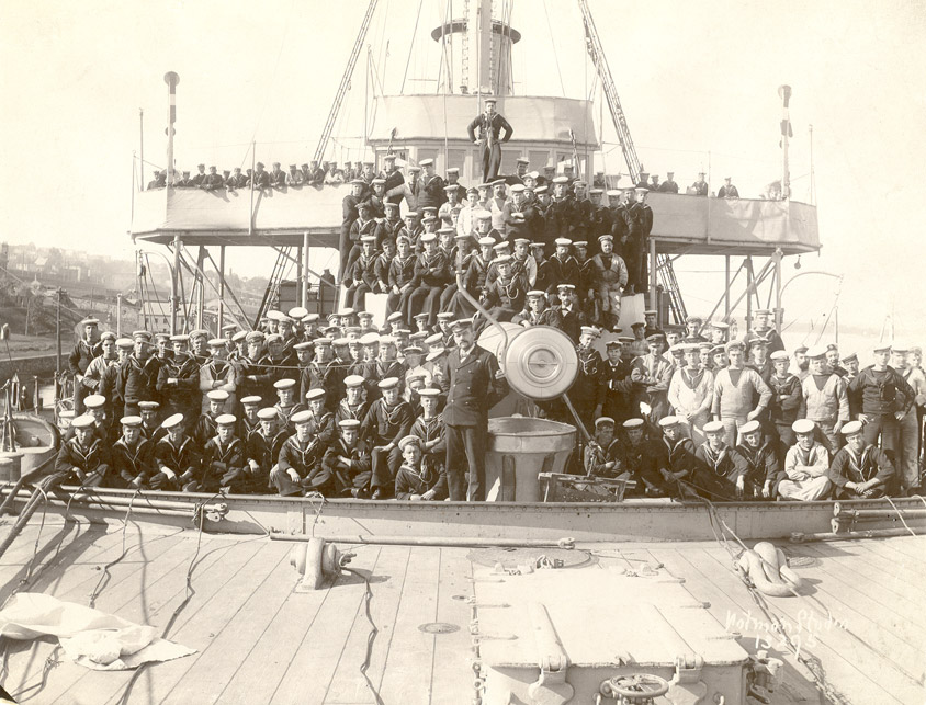 Ship's company on deck of HMS <i>Blake</i>, H.M. Dockyard, Halifax