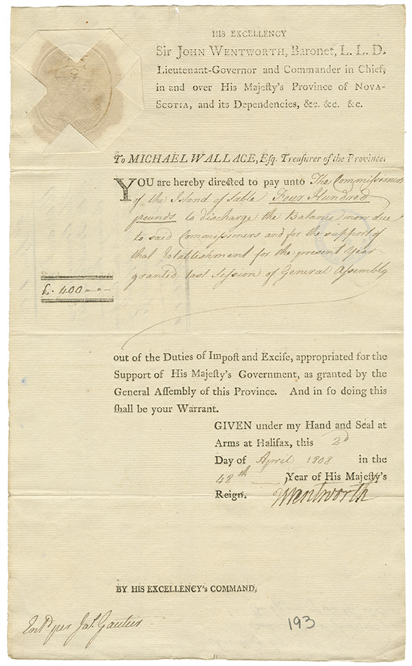 sable : Warrant to the Commissioners of the Island of Sable to discharge the balance now due to said Commissioners and for the support of that Estab