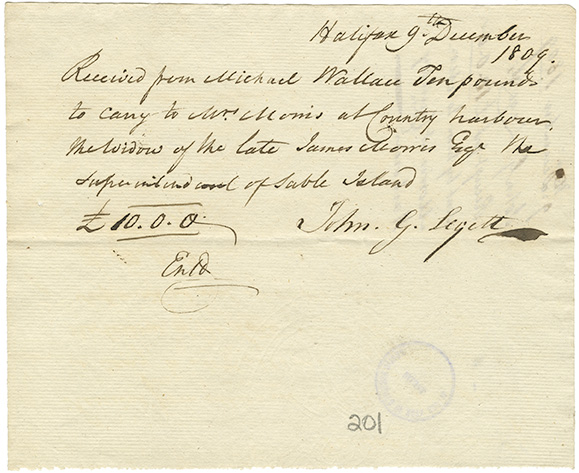 sable : John G. Leggetts receipt for money sent by him to Mr. Morris at Country Harbour