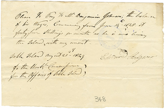 sable : Memorandum from Edward Hodgson to pay Benjamin Johnson the balance of his wages