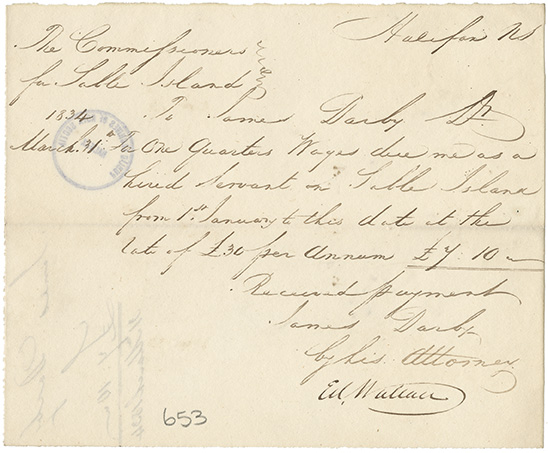 sable : James Darbys receipt for one quarters wages due as a hired servant
