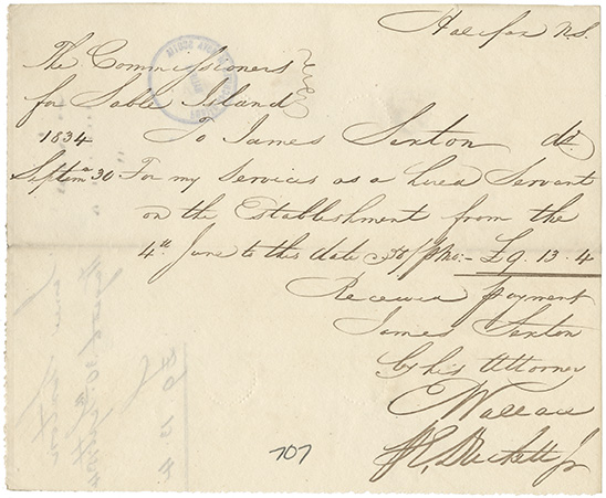 sable : James Sexton receipt for wages as a hired servant to 30 September 1834