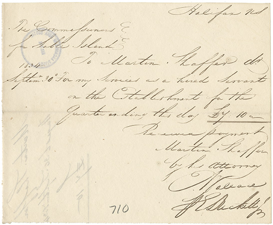 sable : Martin Shaffers receipt for wages as a hired servant to 30 September 1834