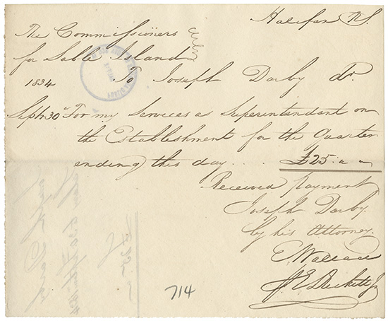 sable : Joseph Darby receipt for wages for his services as Superintendent of the Establishment on Sable Island