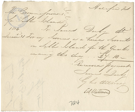 sable : James Darby receipt for wages earned as a hired servant on Sable Island