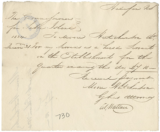 sable : Moore Hutchinson receipt for wages earned as a hired servant at the Establishment on Sable Island