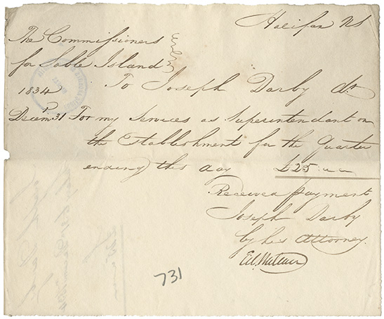 sable : Joseph Darby receipt for his salary as Superintendent of Sable Island to 31 December 1834