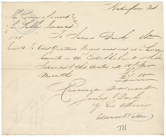 sable : James Darby receipt for one quarters wages earned as a hired servant at the Establishment on Sable Island