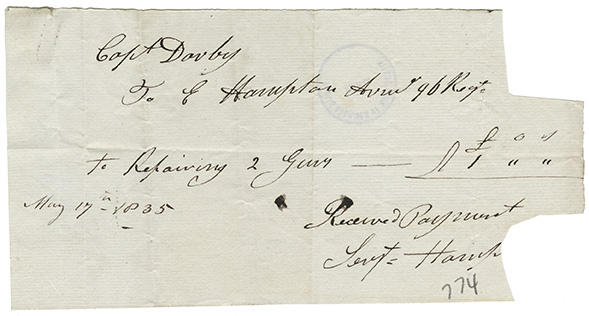 sable : E. Harrington, 90th Regiment, receipt for repair of two guns, signed by Captain Darby