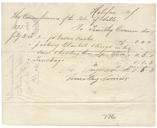 sable : Timothy Connor receipt for casks, blankets and rugs