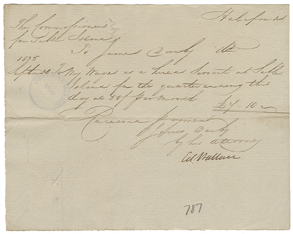 sable : James Darby receipt for wages earned as a hired servant on Sable Island