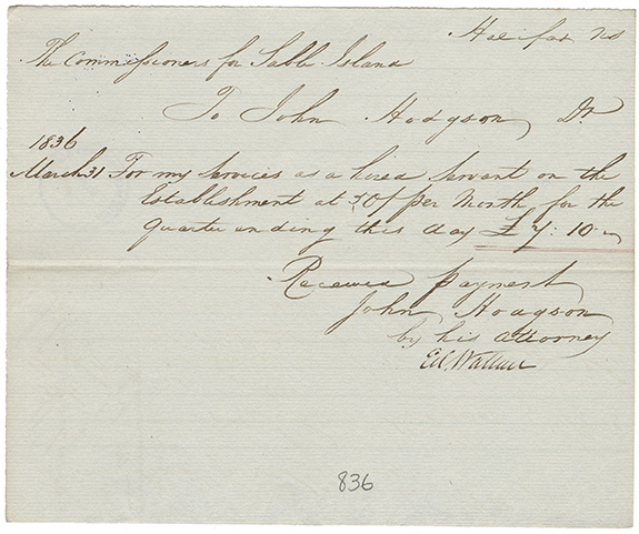 sable : John Hodgson receipt for wages earned as a hired servant on Sable Island