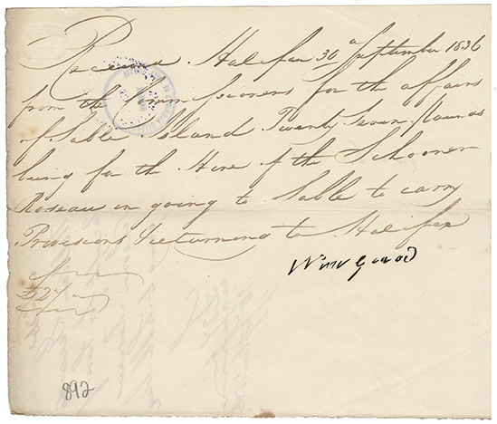 sable : William Gerards receipt for hire of the Schooner Roseau </i>going to Sable Island