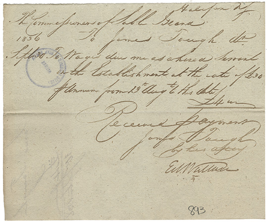 sable : James Tough receipt for wages earned as a hired servant on the Establishment at Sable Island