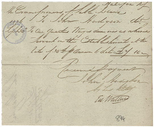 sable : John Hodgson receipt for one quarters wages earned as a hired servant on the Establishment at Sable Island
