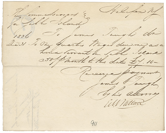 sable : James Tough receipt for one quarters wages earned as a hired servant at the Establishment on Sable Island