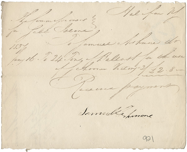 sable : Samuel Ashmore receipt for 24 tons of ballast for the Schooner Victory</i>