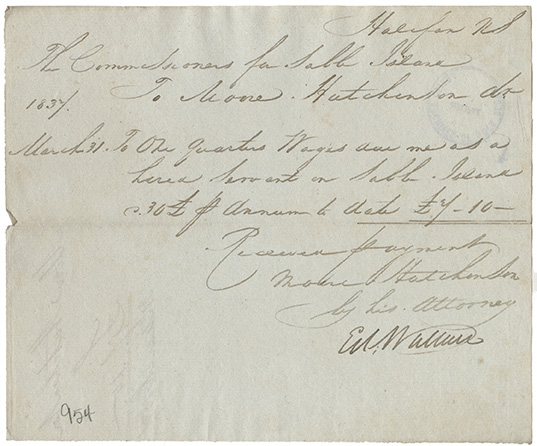 sable : Moore Hutchinson receipt for one quarters wages earned as a hired servant on Sable Island