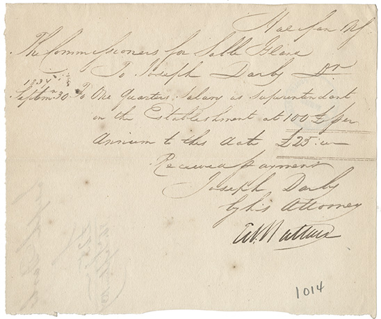 sable : Joseph Darby receipt for one quarters wages for salary earned as superintendent of the Establishment at Sable Island