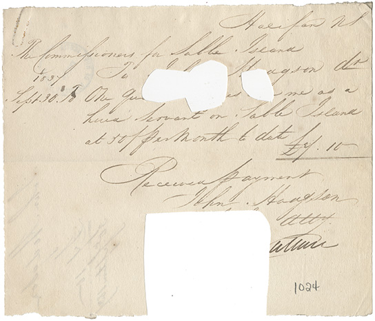sable : John Hodgson receipt for one quarters wages earned as a hired servant on Sable Island