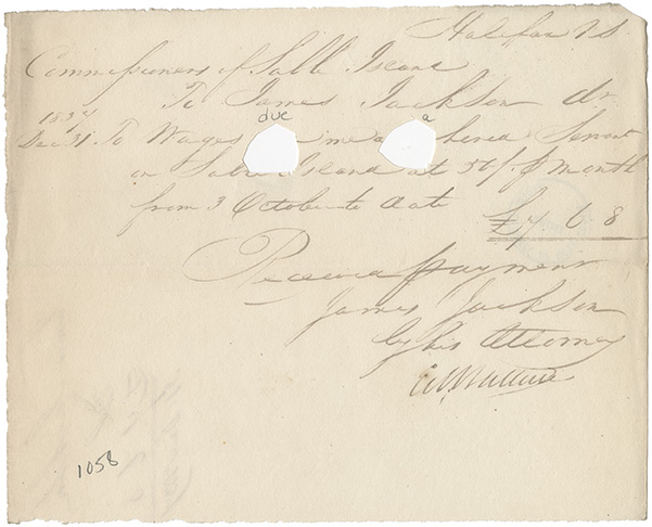 sable : James Jackson receipt for one quarters wages earned as a hired servant on Sable Island