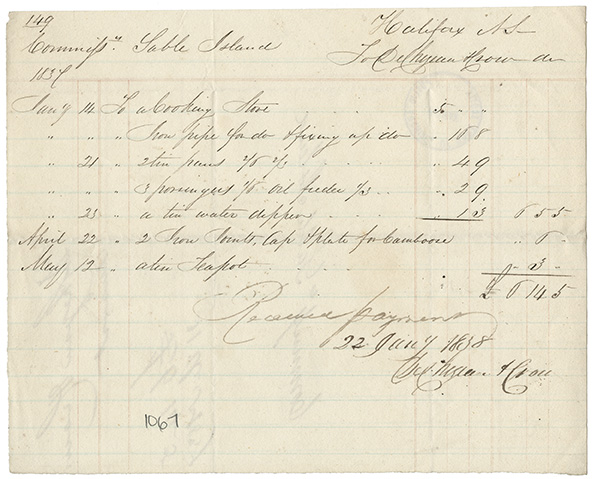 sable : DeChezeau & Crow account with the Commissioners of Sable Island