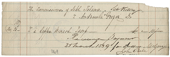 sable : Andrew McGregor receipt for payment of a copper binacle lamp from the Commissioners of Sable Island