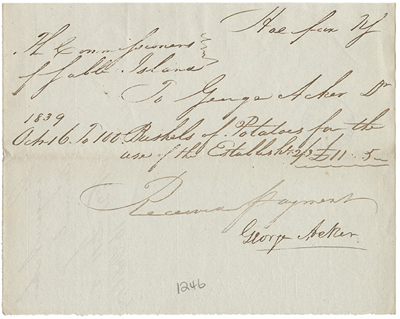 sable : George Acker receipt for the purchase of one hundred bushels of potatoes for use of the Establishment