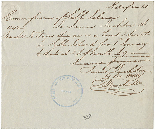 sable : Receipt for James Jackson for wages due as a hired servant on Sable Island