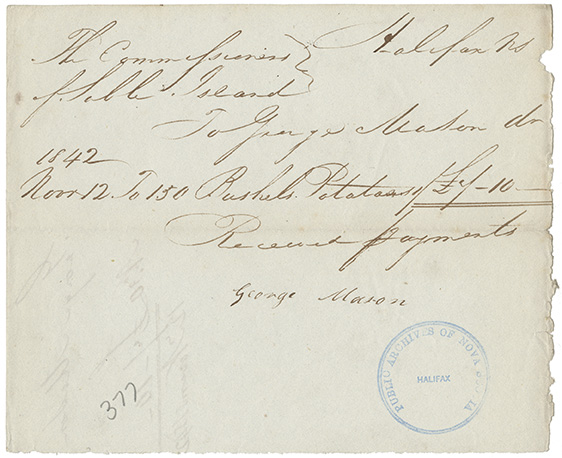 sable : Receipt for George Mason for one hundred and fifty bushels of potatoes from the Commissioners of Sable Island