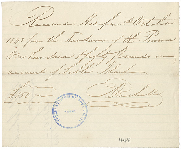 sable : Receipt for funds from the Treasurer of the Province for the Commissioners of Sable Island