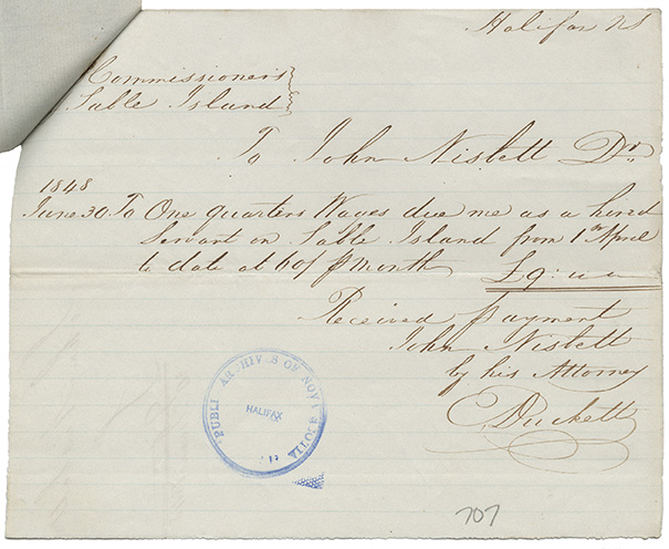 sable : Receipt for John Nisbett for one quarter wages due to him as a hired servant on Sable Island