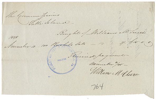sable : Receipt for William McLucie for one hundred bushels of oats from the Commissioners of Sable Island