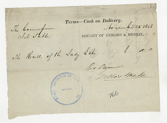 sable : Receipt from Deblois and Mitchel for the hull of the Lady Echo</i> from the Commissioners of Nova Scotia