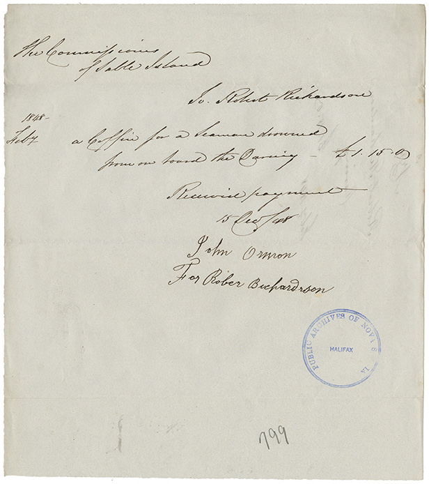 sable : Receipt for Robert Richardson for a coffin delivered from on board the schooner Daring</i>