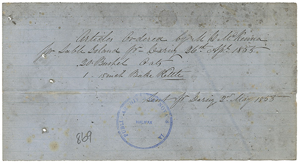 sable : Articles ordered by M.D. McKenna for Sable Island from the schooner Daring</i>