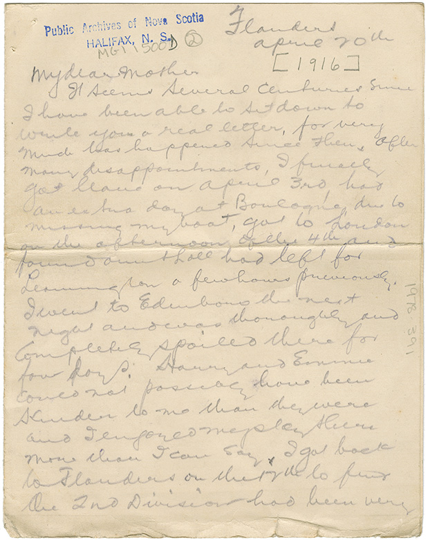 Letter to his (Capt. L. Howard Johnstone's) mother. Flanders, April 20, 1916