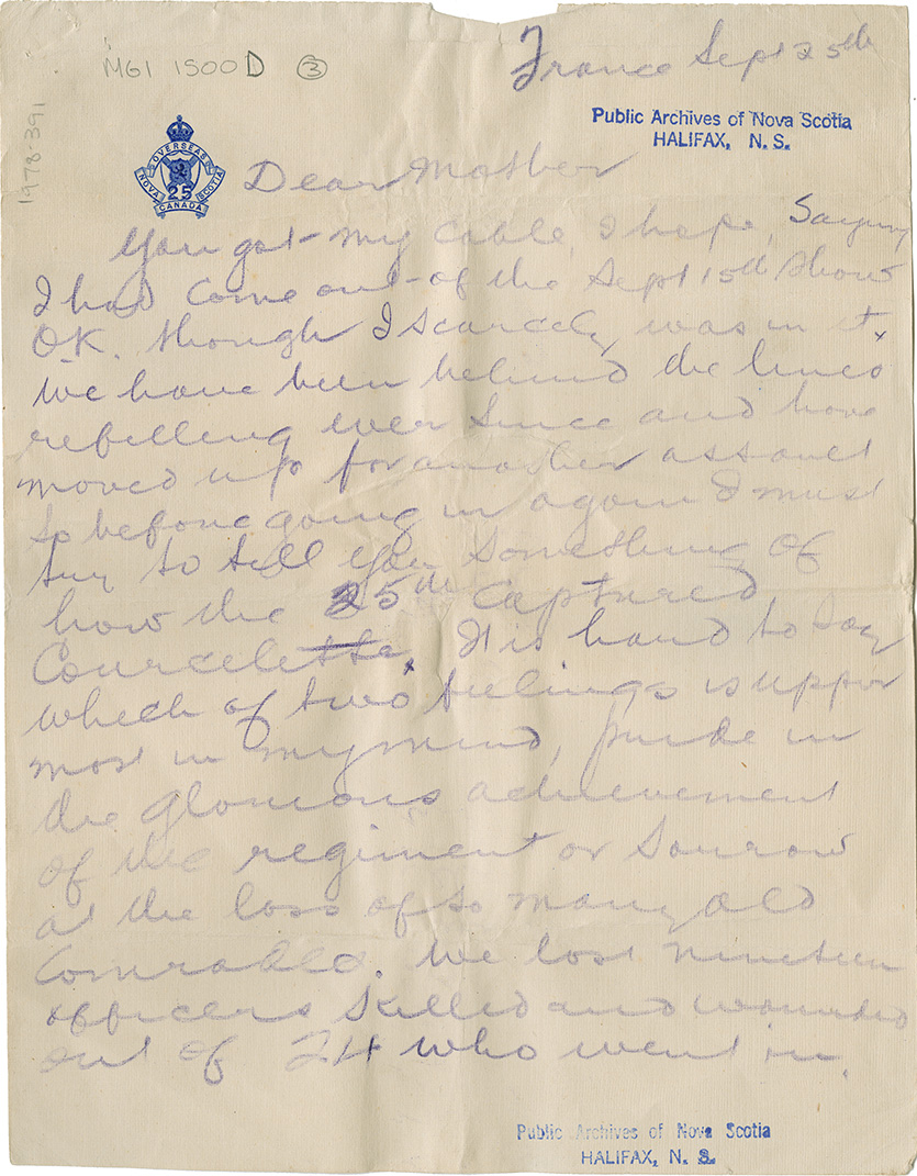 Letter to his (Capt. L. Howard Johnstone's) mother. France, Sept. 25, 1916