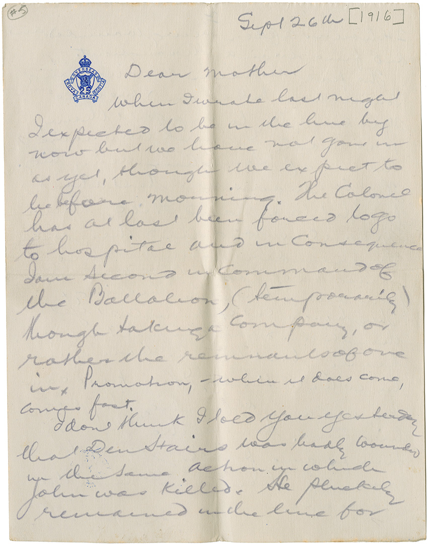 Letter to his (Capt. L. Howard Johnstone's) mother. France, Sept. 26, 1916 [his last letter]