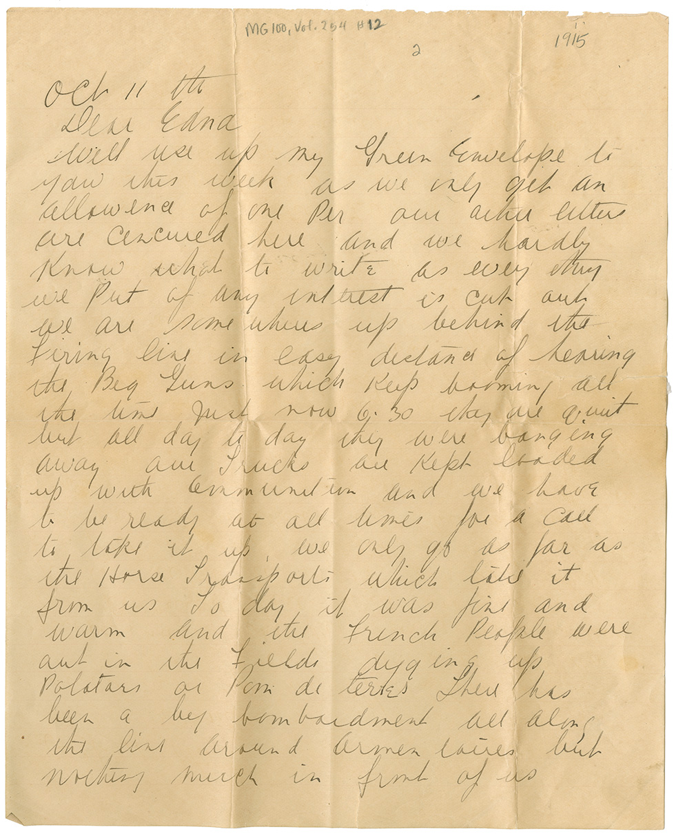 Letter from Pte. Al. Fraser to Mrs. Clarence [Edna] Hubley, Oct. 11, 1915