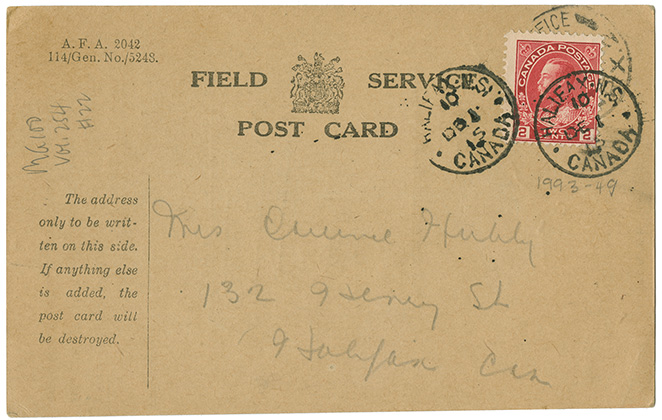 Field post card from Pte. Al. Fraser to Mrs. Clarence [Edna] Hubley, Nov. 1915