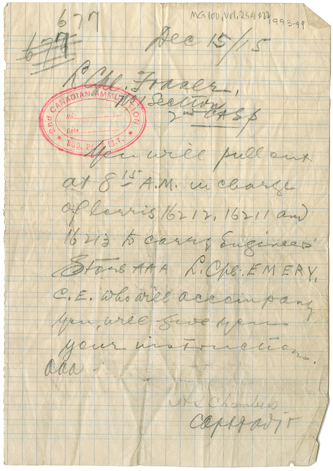 Field orders from [?] Chambers to L. Cpl. Fraser. Dec. 15, 1915