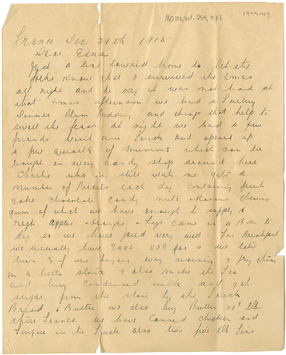 Letter from Pte. Al. Fraser to Mrs. Clarence [Edna] Hubley, Dec. 29, 1915